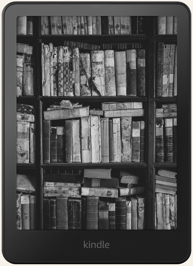 Kindle lock screen showing a shelf of worn, leather-bound books