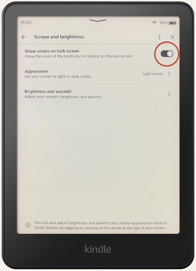 Kindle Screen and Brightness settings with Show Covers on Lock Screen turned on